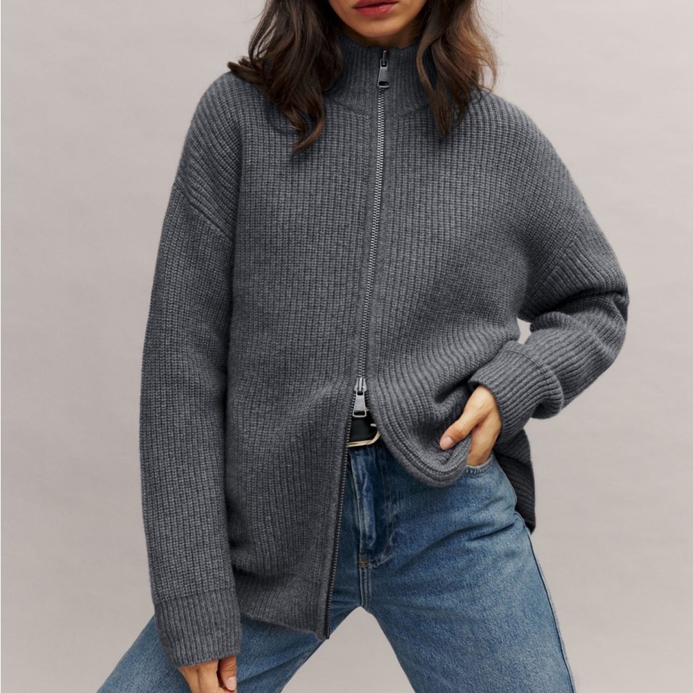 Reformation Dennis Cashmere Oversized Zip Sweater, Thunder Grey, Size XS